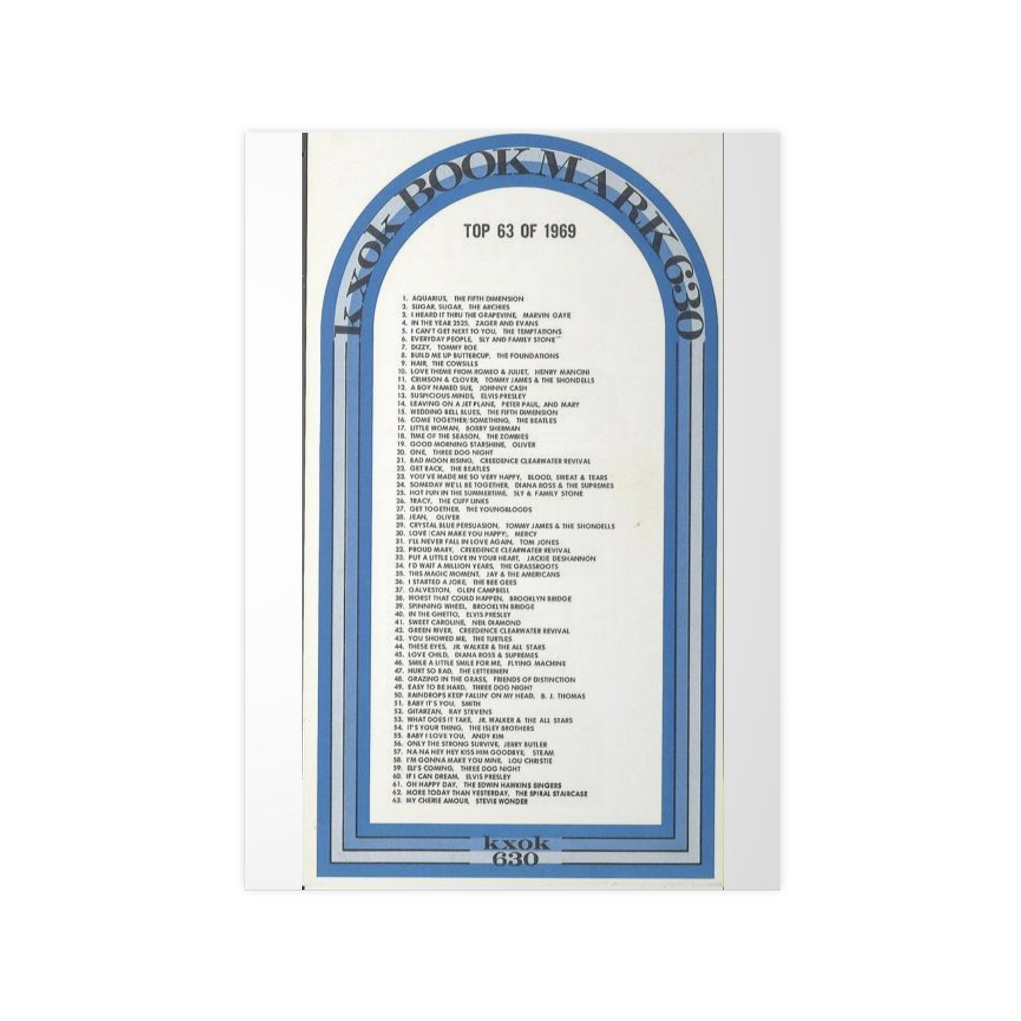 Vintage Top 63 of 1969 Music Poster — Retro Blue Arch Photopaper Print