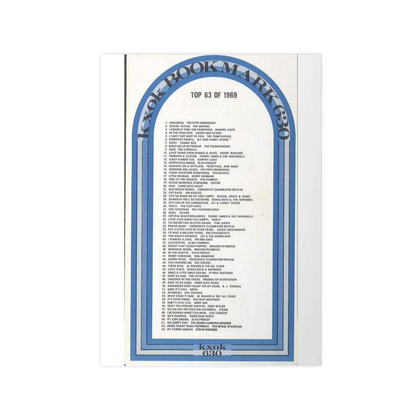 Vintage Top 63 of 1969 Music Poster — Retro Blue Arch Photopaper Print